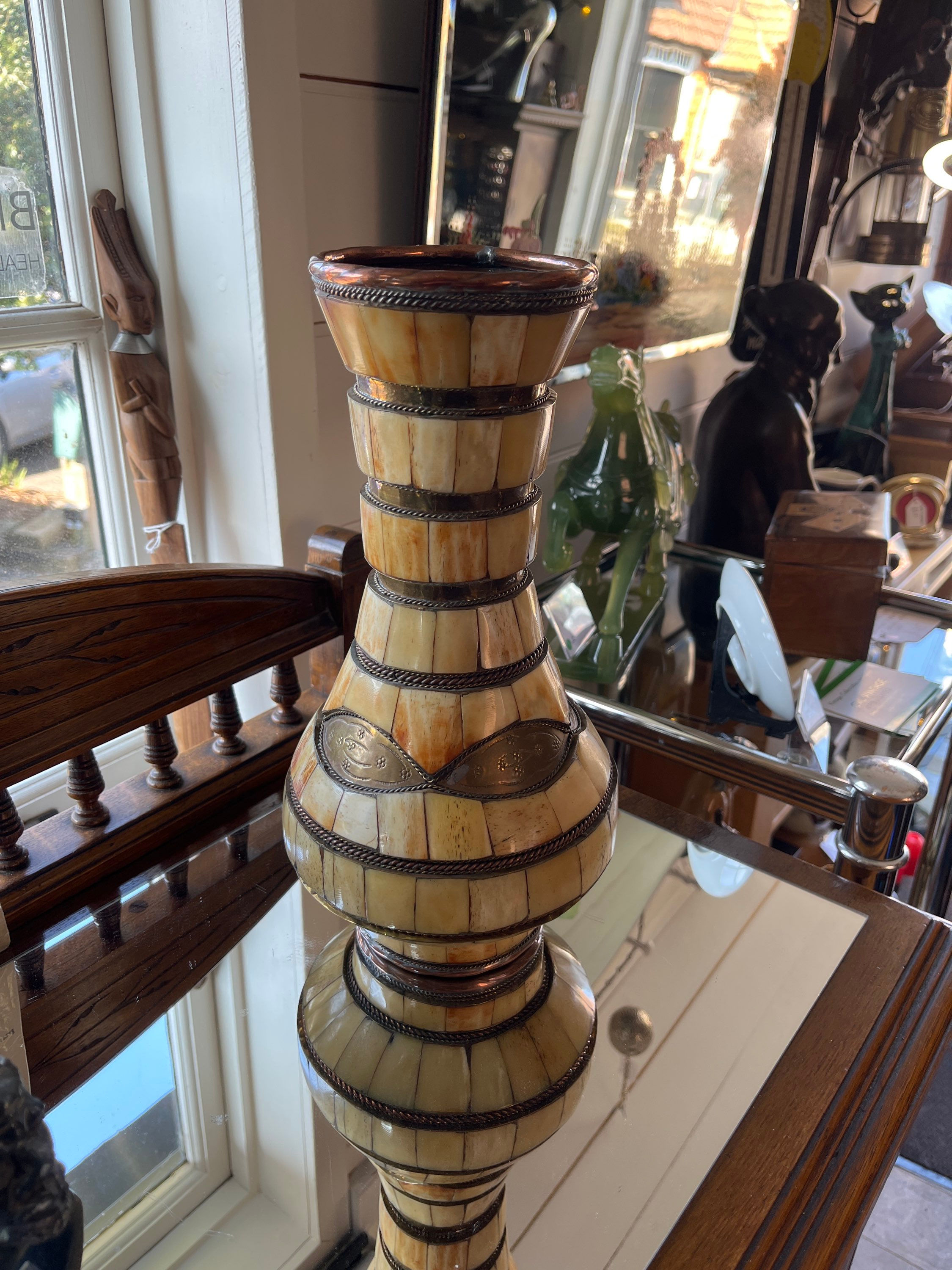 Moroccan Copper, Brass & Camel Bone Vase