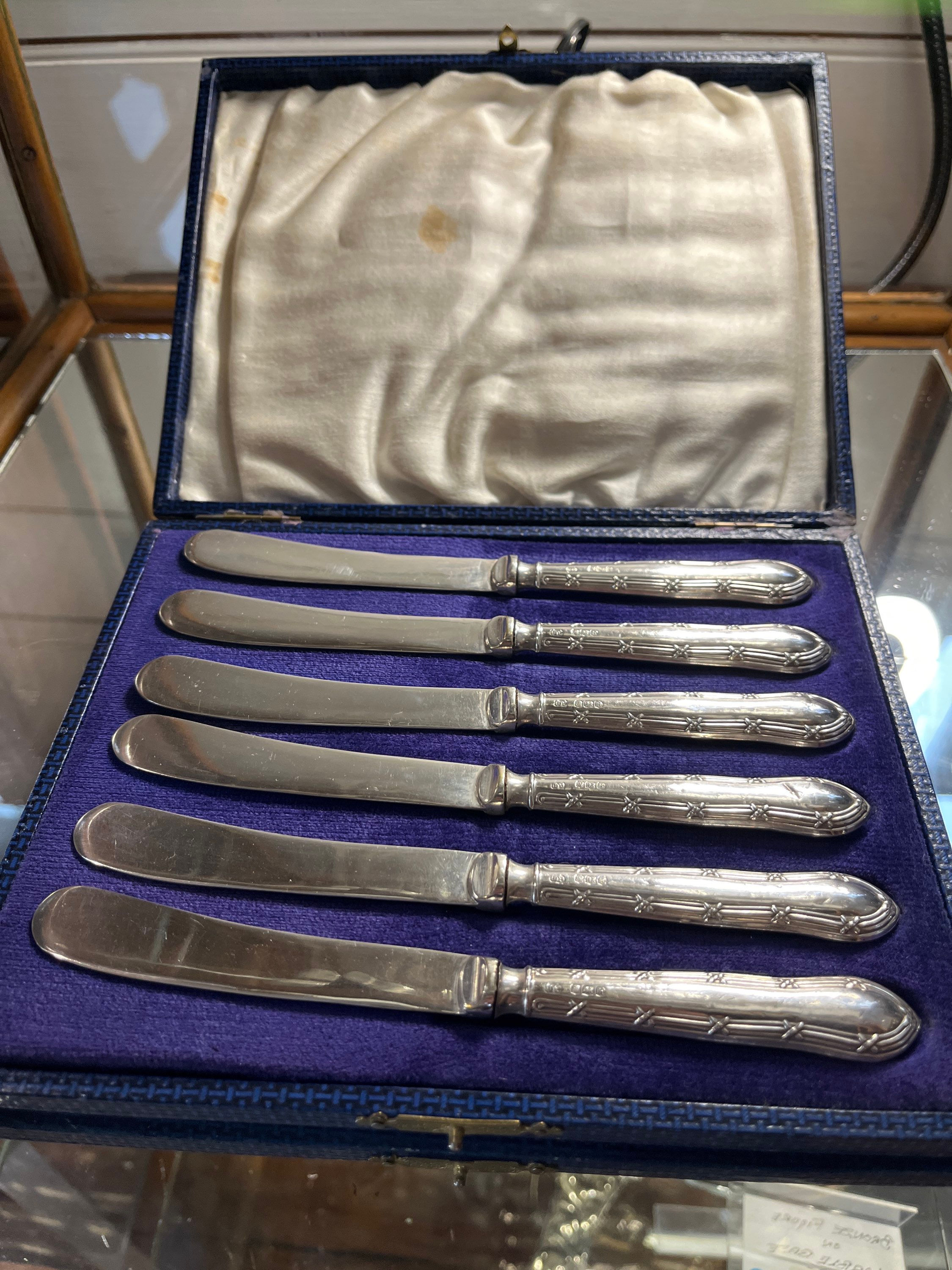 Boxed Set Silver Butter Knifes. Hallmarked Set Of 6