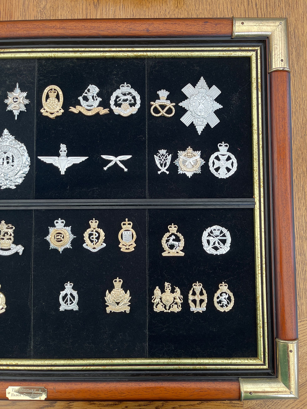 Thumbnail: Framed montage of British military cap and collar badges
