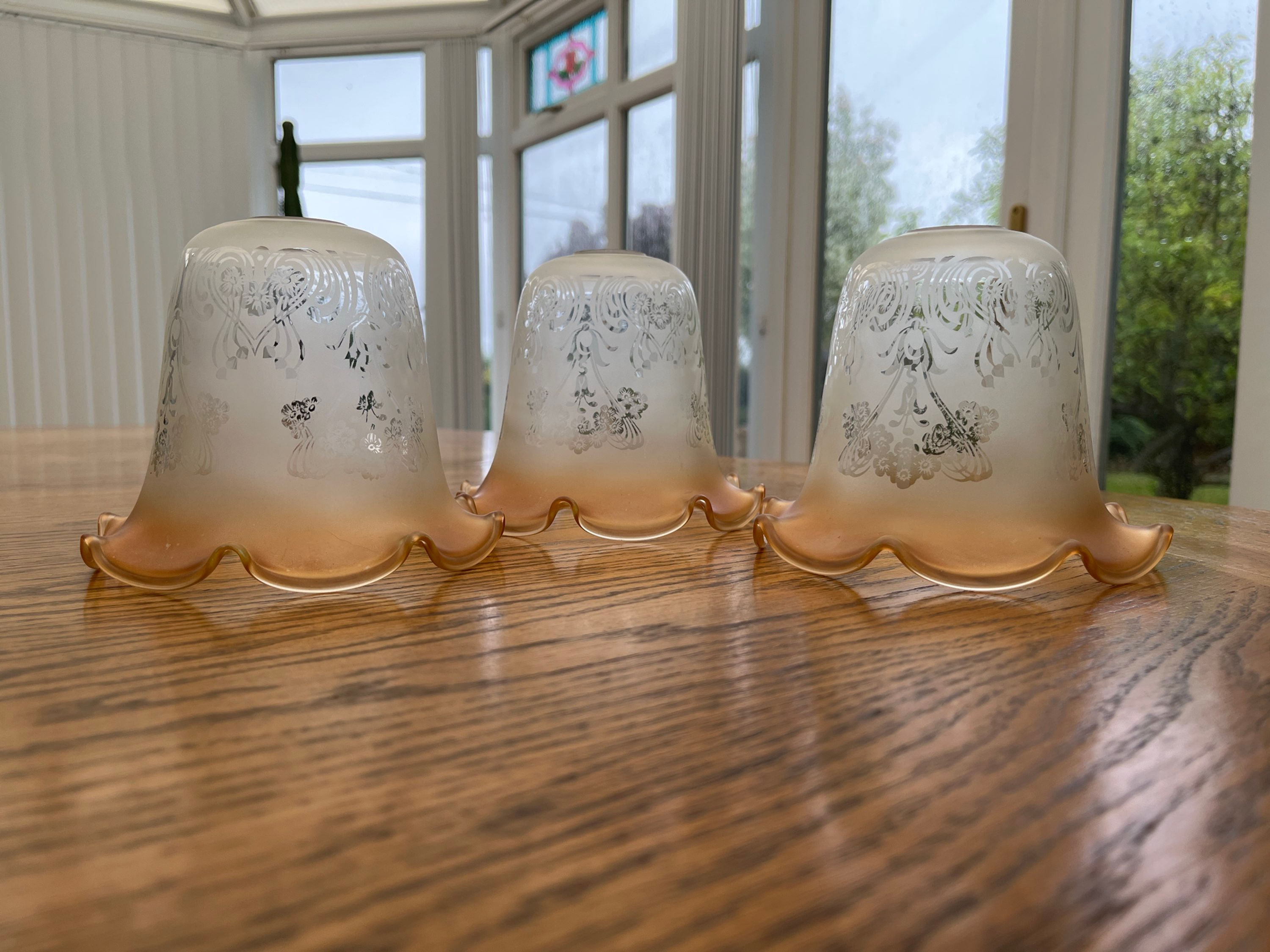 3 X VICTORIAN FROSTED AMBER IRIDESCENT ACID ETCHED LAMP SHADES