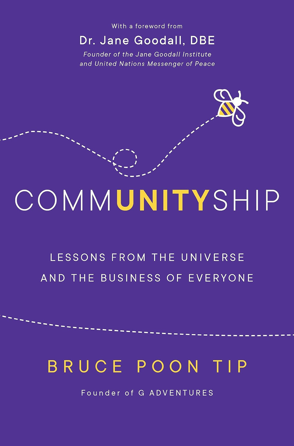 Communityship cover page featuring a purple backround with a cartoon bee buzzing around the title an
