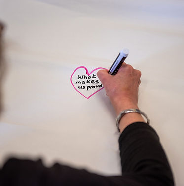An image of a person's right arm with a bracelet on the wrist. They are holding a marker pen and drawing a heart shape around the words "what makes us proud".