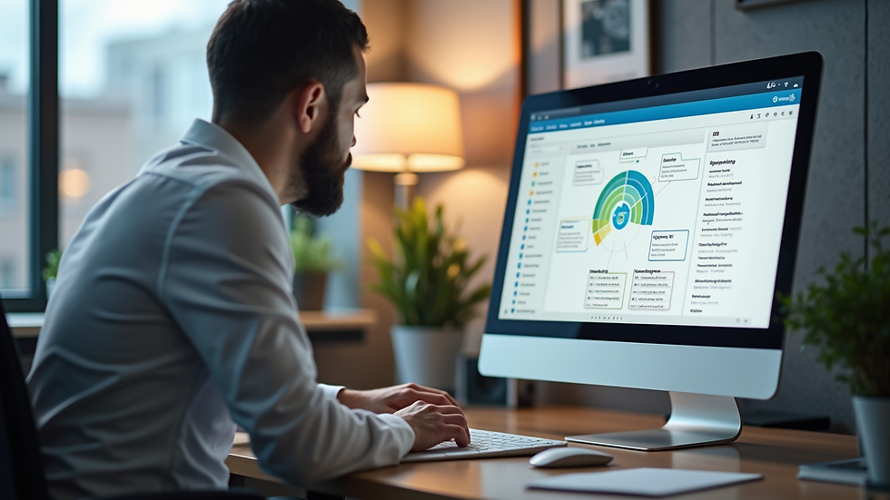 Eye-level view of a small business office with a computer displaying workflow automation software