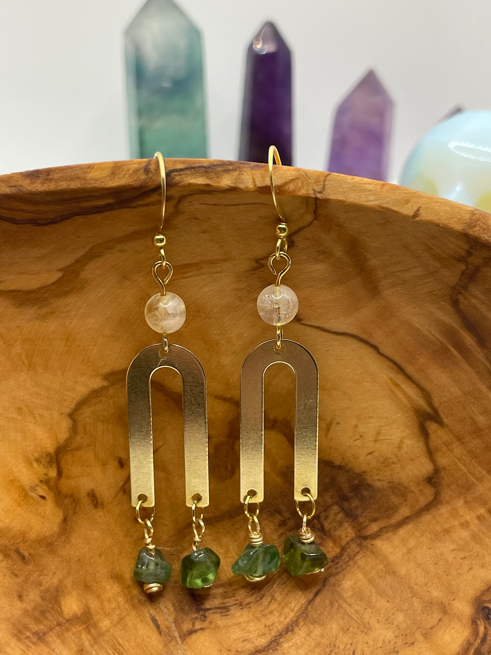 Thumbnail: Iris Green Tourmaline Citrien Gemstone Arc Dangle Raw Brass Earrings