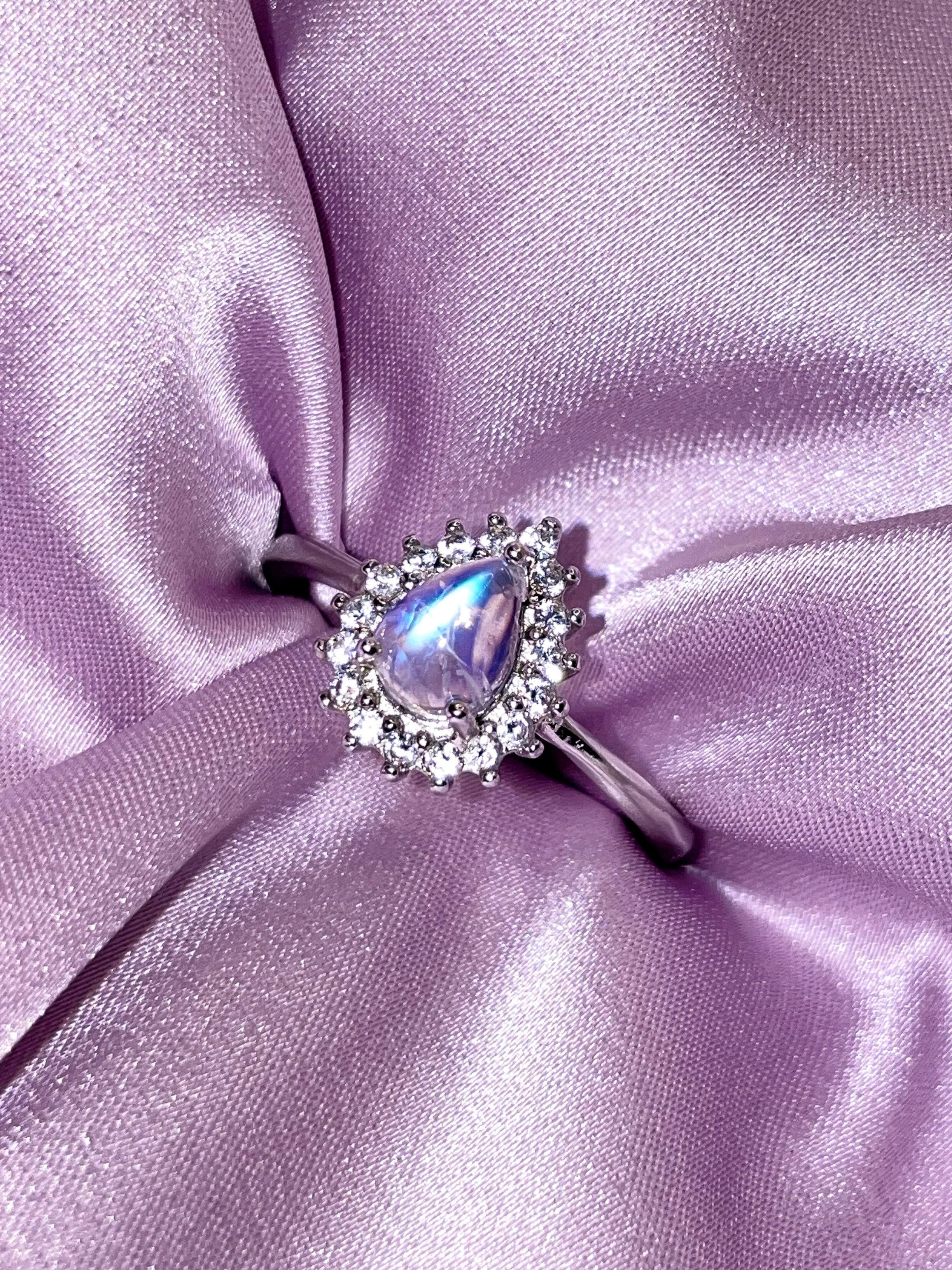 Blue Moonstone Pear cut Halo Ring Solid 925 Sterling Silver