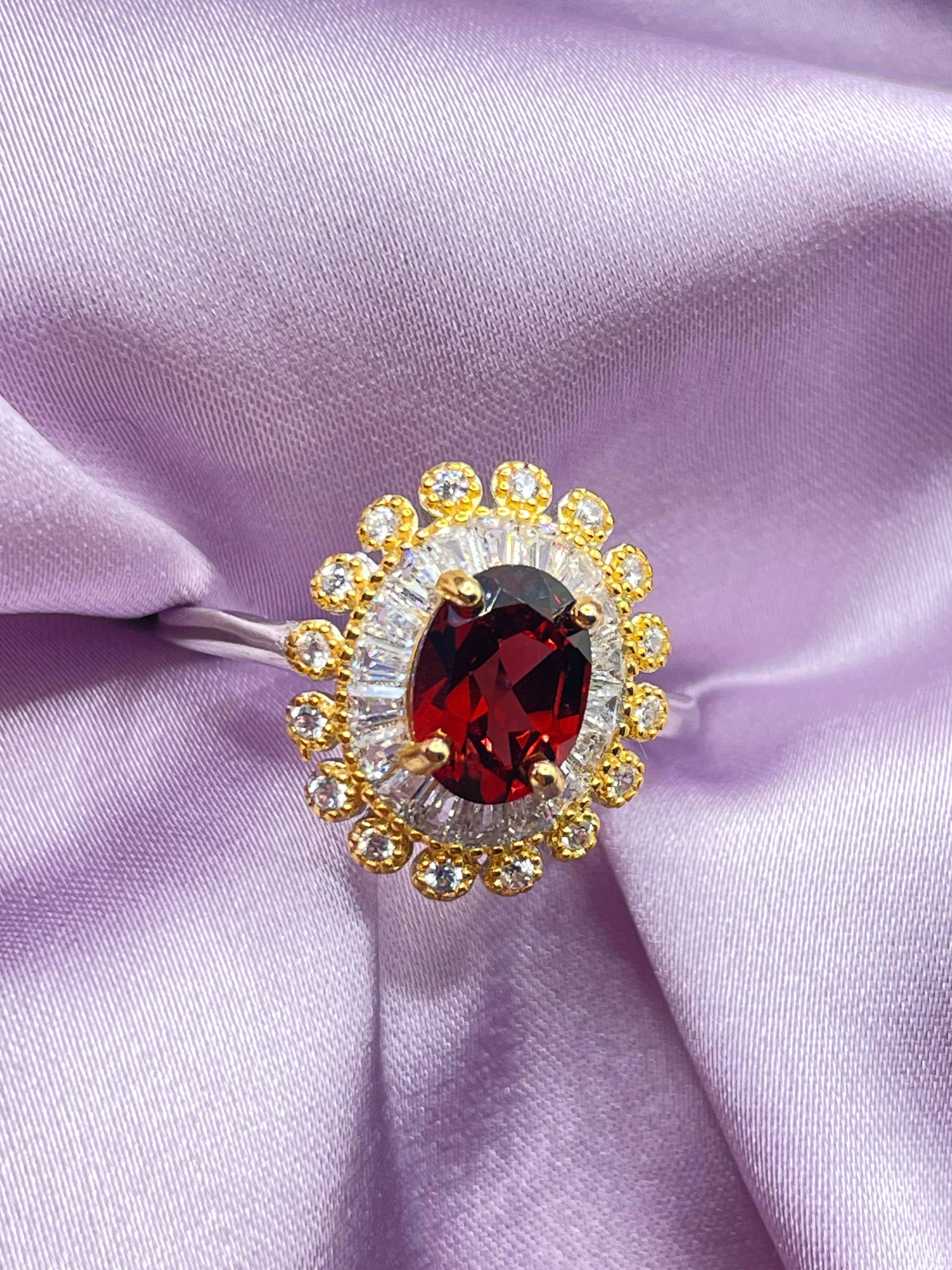 Victorian Garnet Halo Ring Solid 925 Sterling Silver