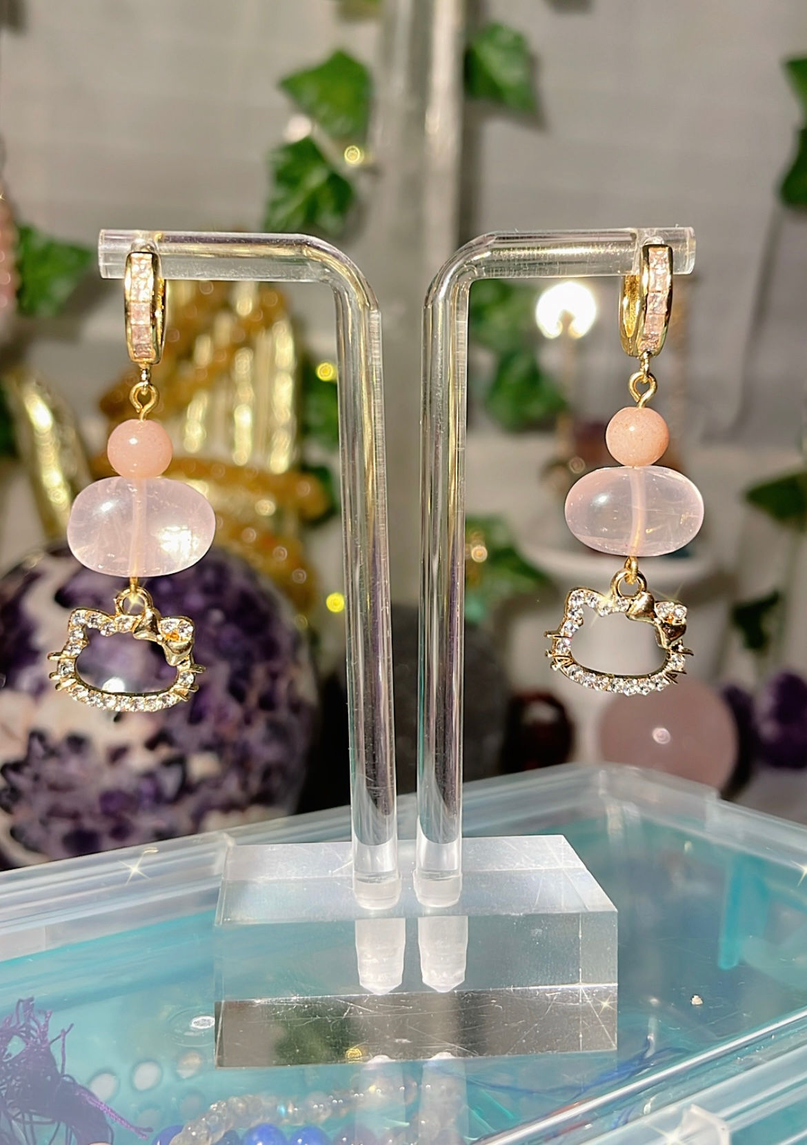 Rose Quartz Peach Moonstone Hello Kitty Earrings