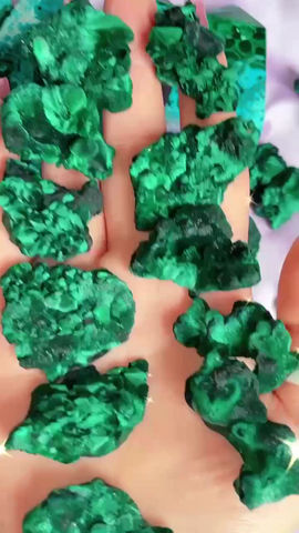 Thumbnail: Silky velvet raw malachite specimens from Congo 