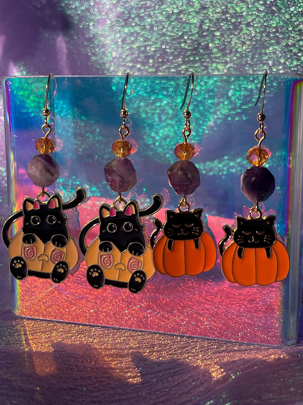 Thumbnail: Spooky Amethyst Kitty Earrings 👻🎃🦇🍁🔮✨