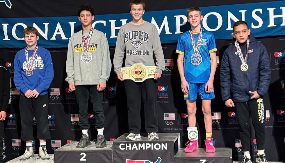 Ethan Halstead on the podium after taking first place at Folkstyle nationals