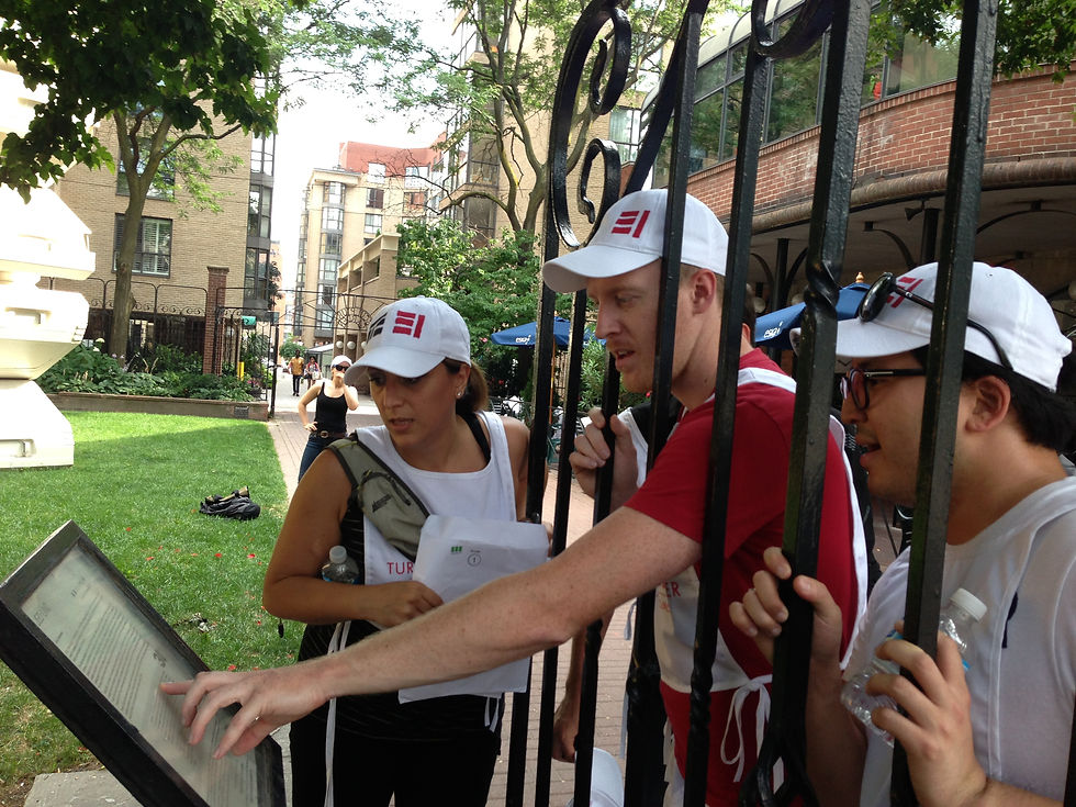 High angle view of a group participating in an outdoor scavenger hunt
