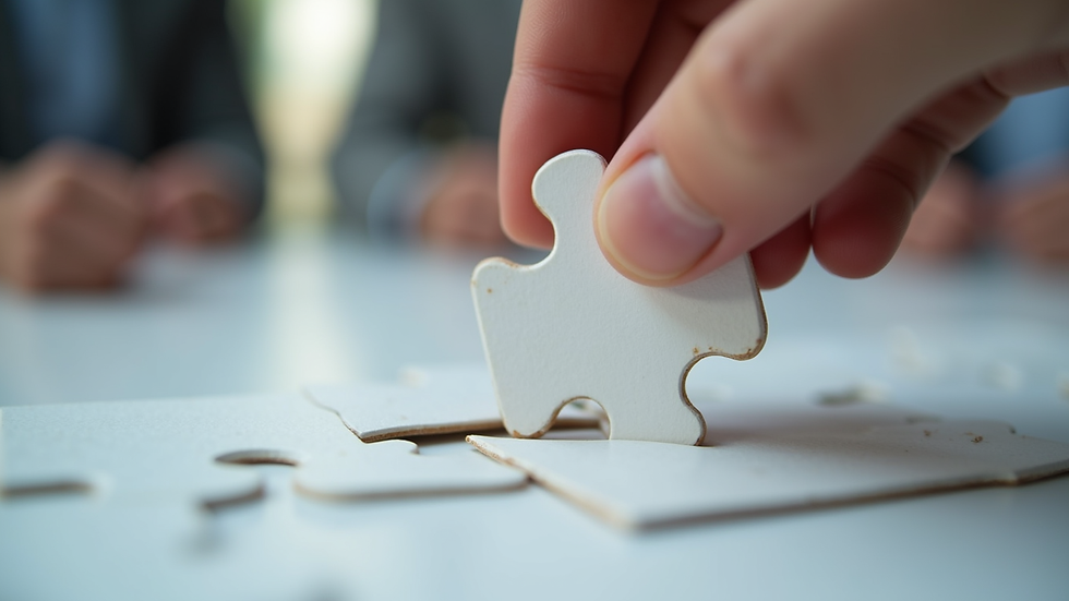 Close-up of a puzzle piece being placed on a board during a team activity