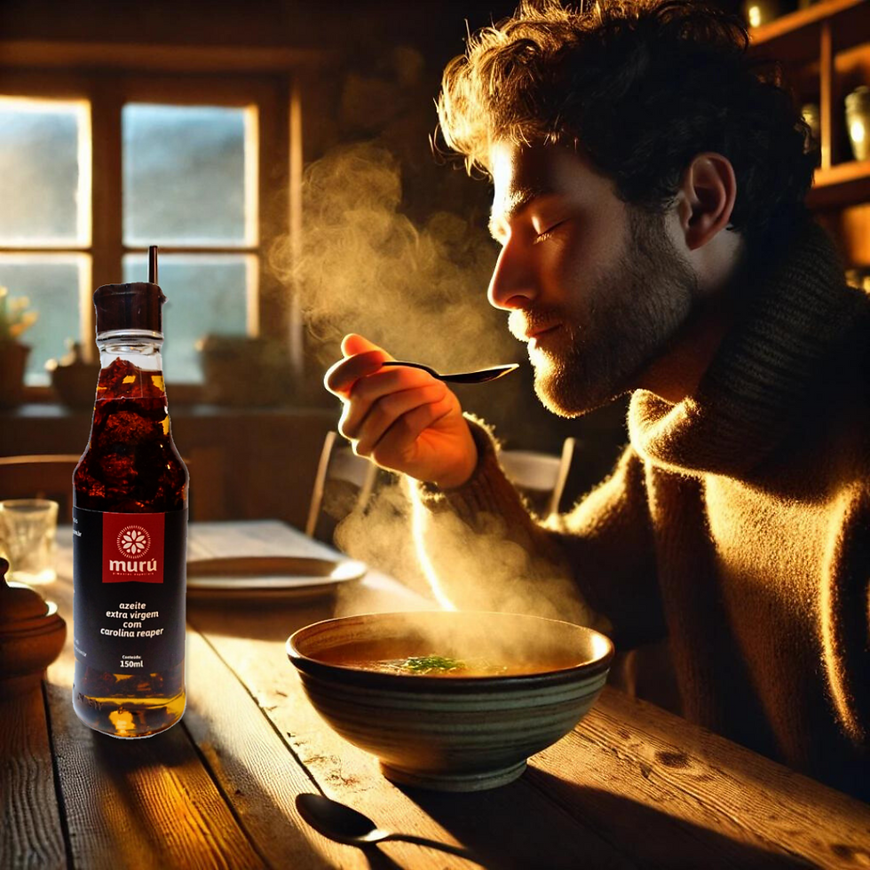 Miniatura: Sopa quentinha servida com Azeite com Pimenta Carolina Reaper Murú