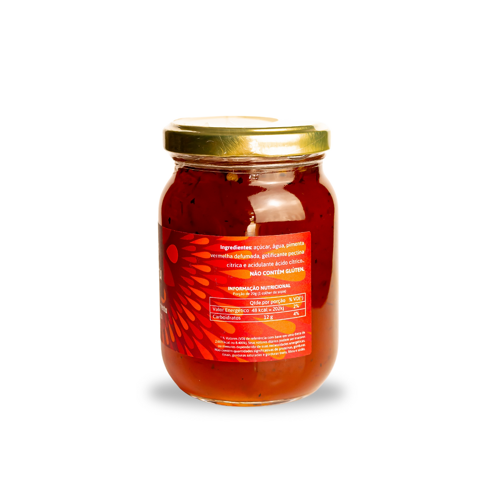 Geleia de Pimenta Defumada Murú 260g em pote de vidro, geleia brilhante e densa com coloração âmbar escura