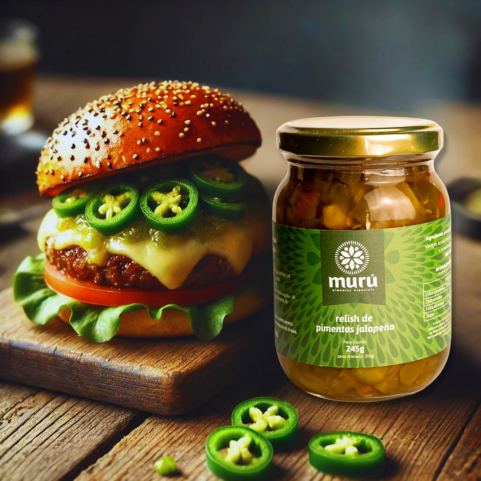 Miniatura: Relish de Pimenta Jalapeño em pote de vidro servido com hambúrguer