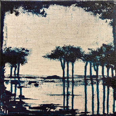 ines Soavi . i i .  Lagoon Trees . Indigo on natural linen.