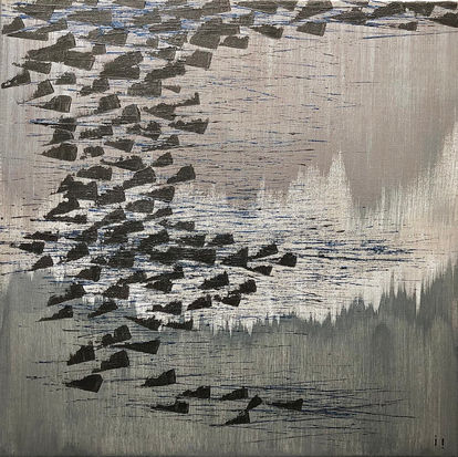 ines Soavi . i i . In The Flow  . 50X50 . Iridescent abstract landscape.