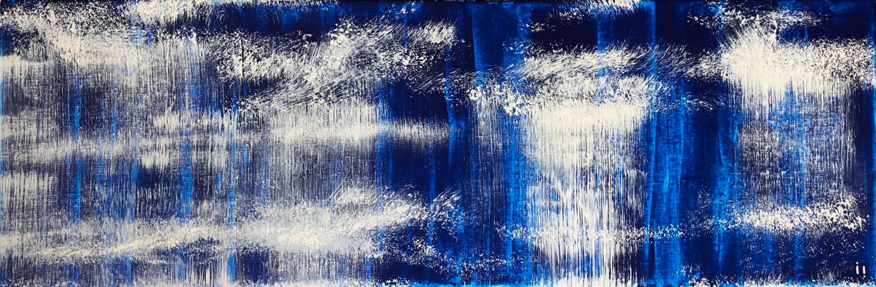 ines Soavi . i i . Dripping Off . Light streams and splashes on dark blue water background.