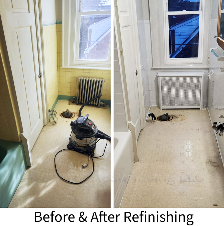 Before and after yellow and green bathtub and wall tile refinishing to a beautiful uniform finish, by Dennie's Resurfacing LLC in Bethlehem Pa.