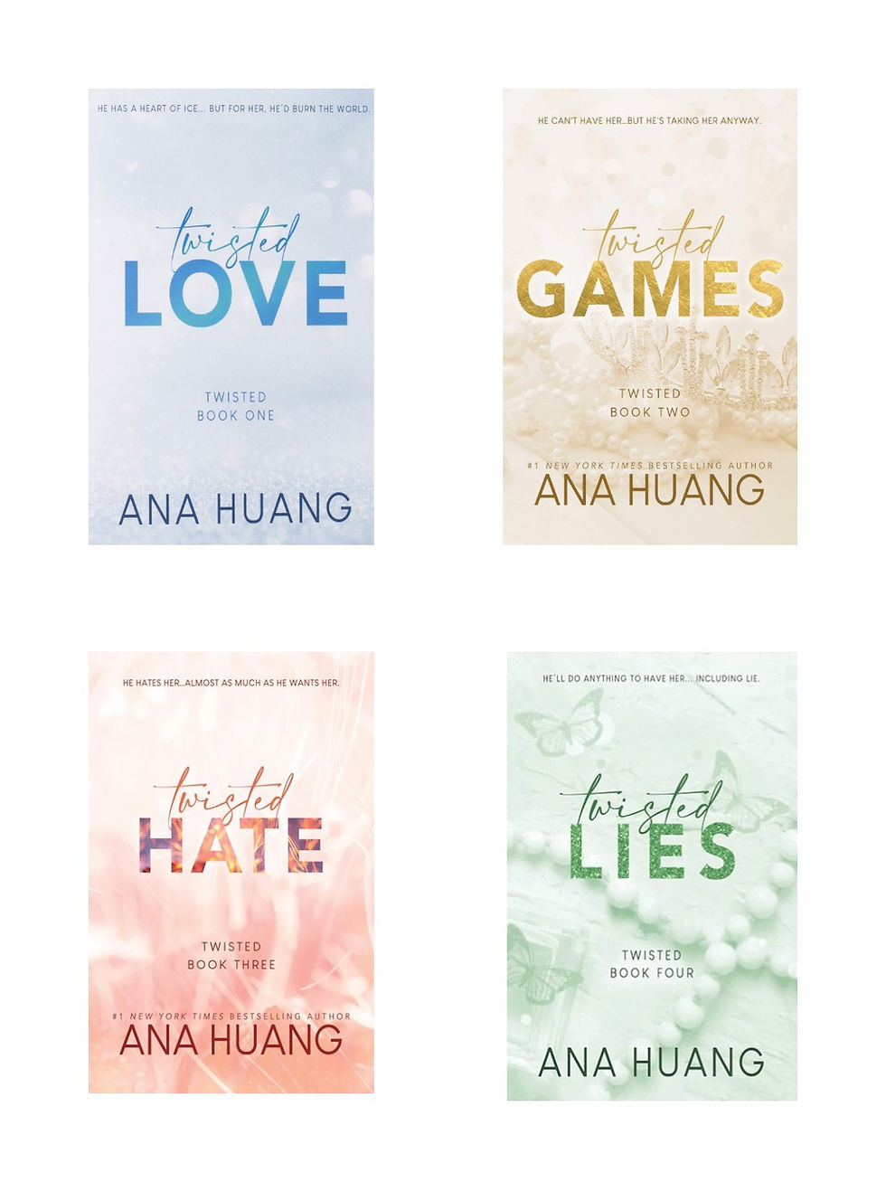 Ana Huang's Twisted series book covers: Love, Games, Hate, Lies