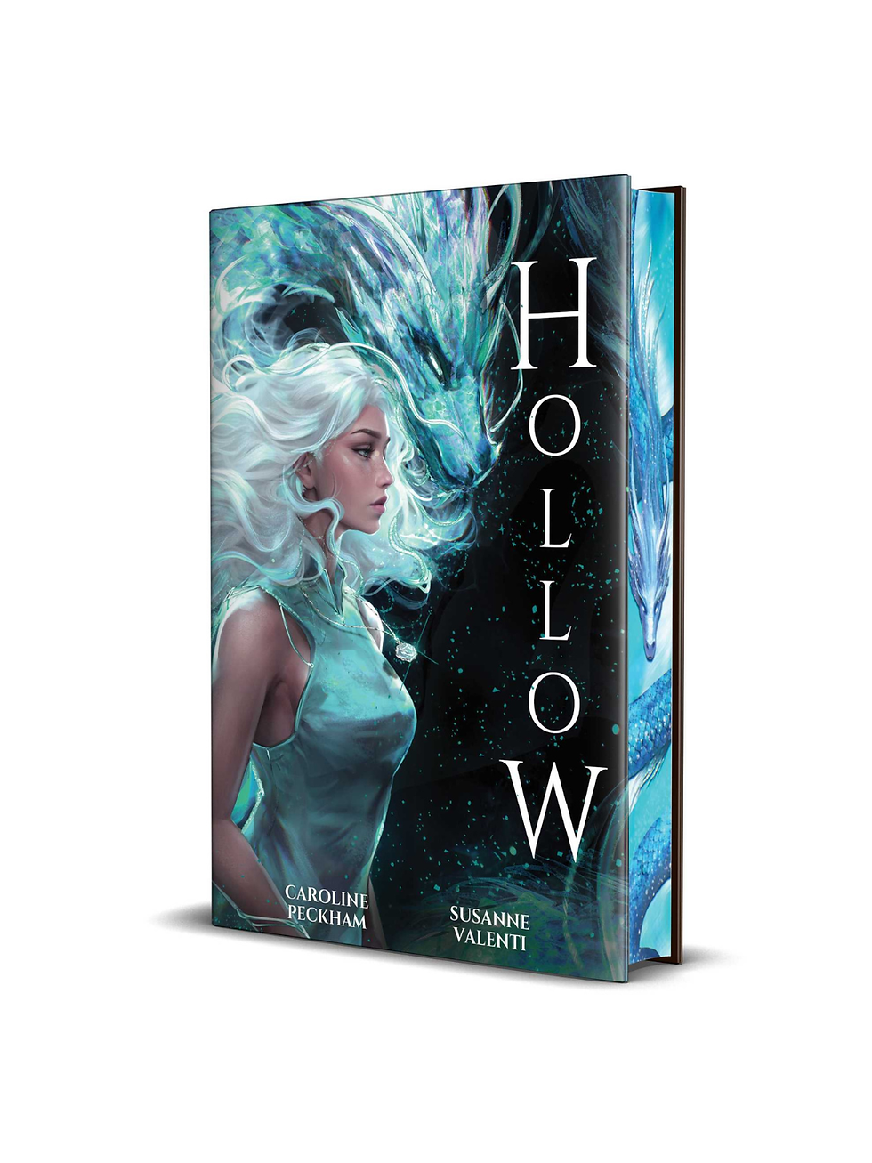 Book cover: HOLLOW, white-haired woman and blue dragon