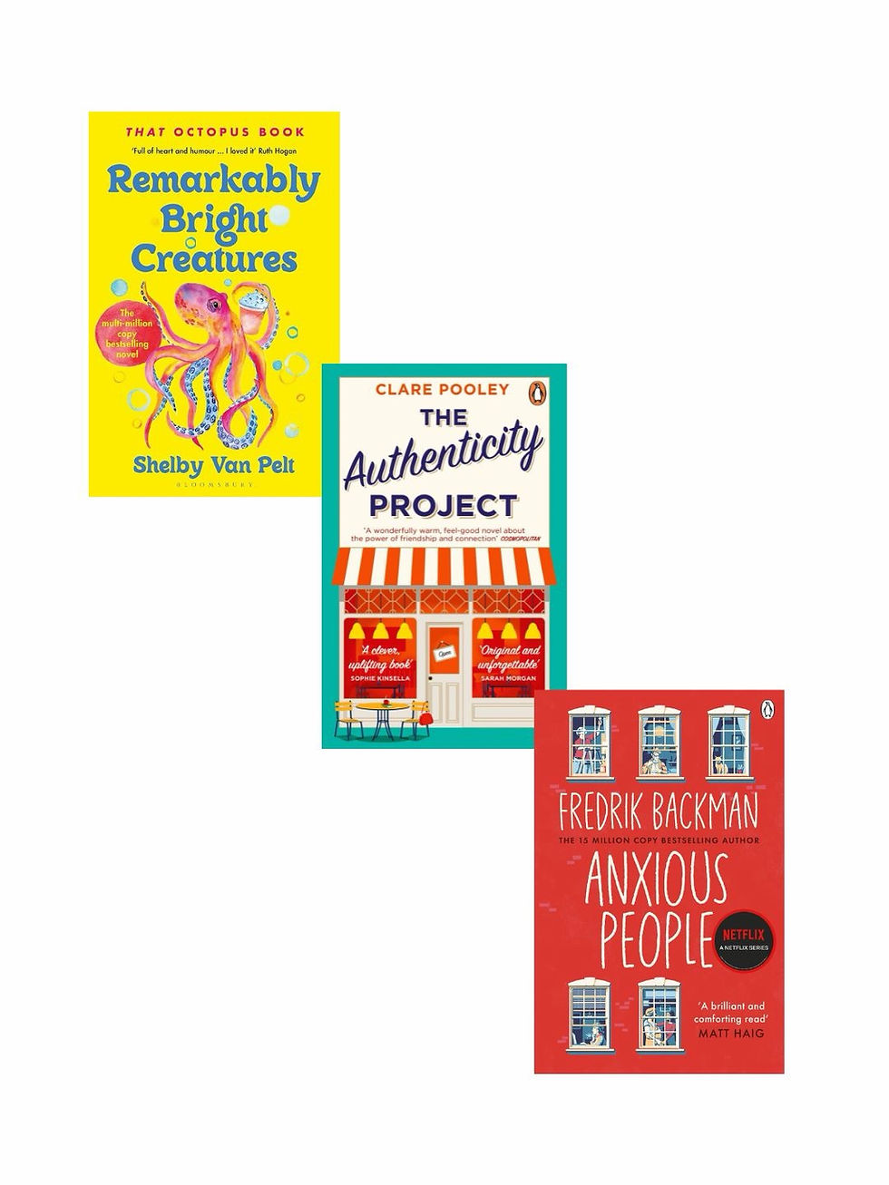 Remarkably Bright Creatures, The Authenticity Project, Anxious People book covers
