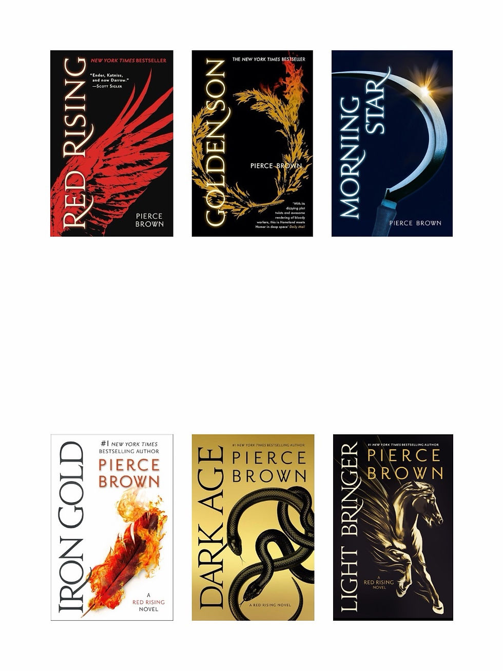 Six fantasy book covers: Red Rising, Golden Son, Morning Star, Iron Gold, Dark Age, Light Bringer.