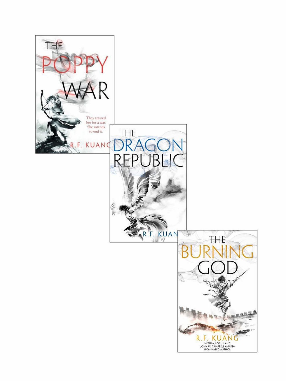 Fantasy book covers: The Poppy War, Dragon Republic, Burning God