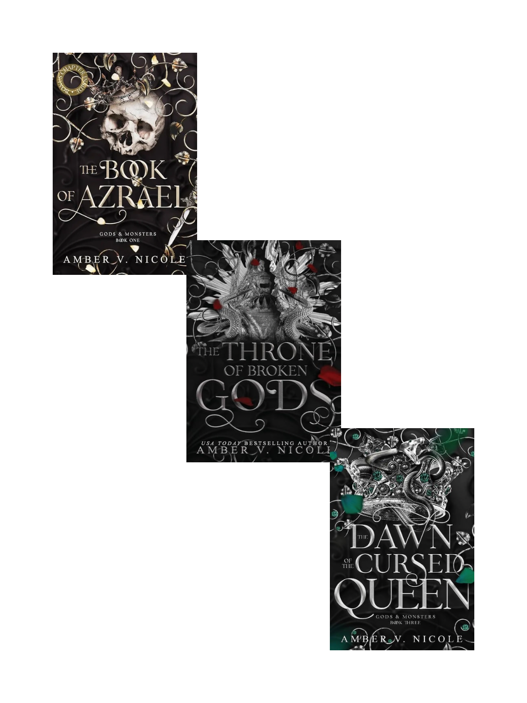 Three fantasy book covers: The Book of Azrael, Throne of Broken Gods, Dawn & Cursed Queen