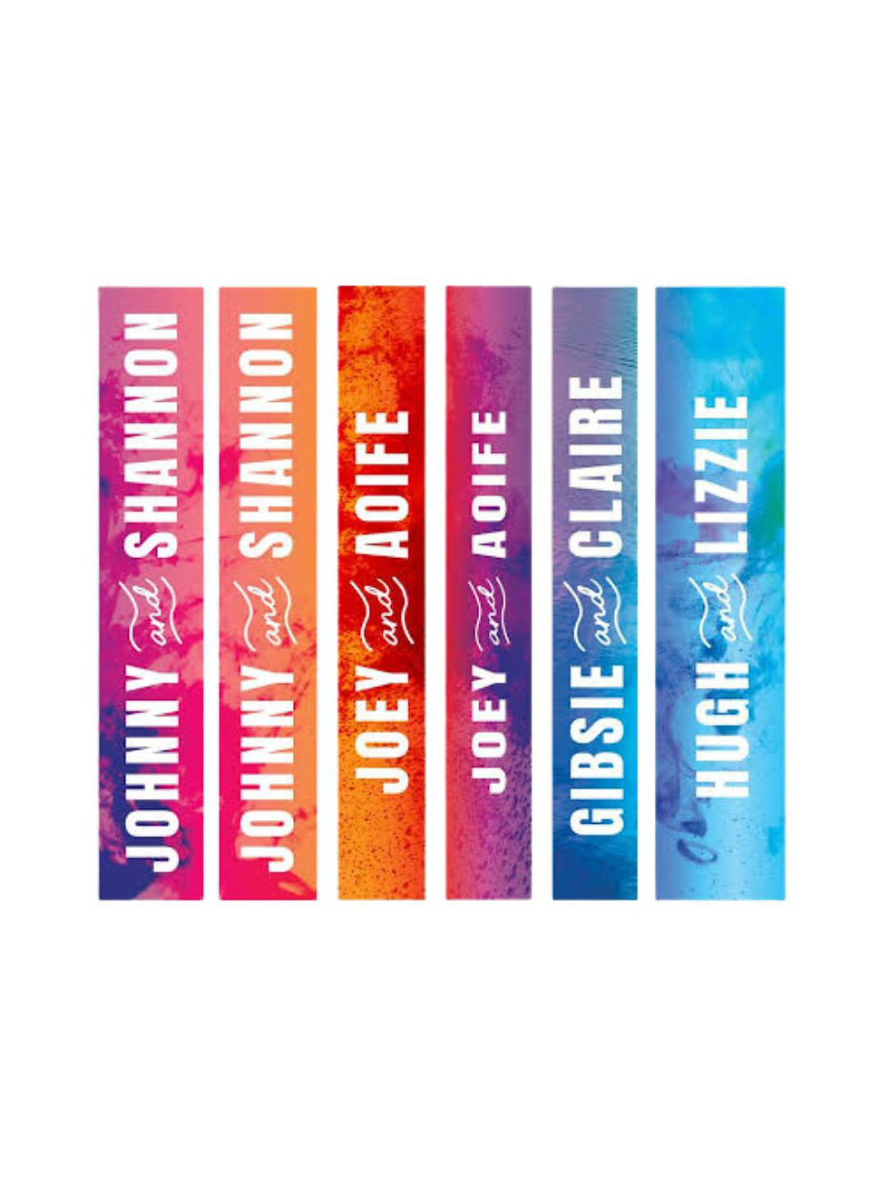 Thumbnail: Colorful tags with names: Johnny & Shannon, Joey & Aoife, Gibsie & Claire, Hugh & Lizzie.
