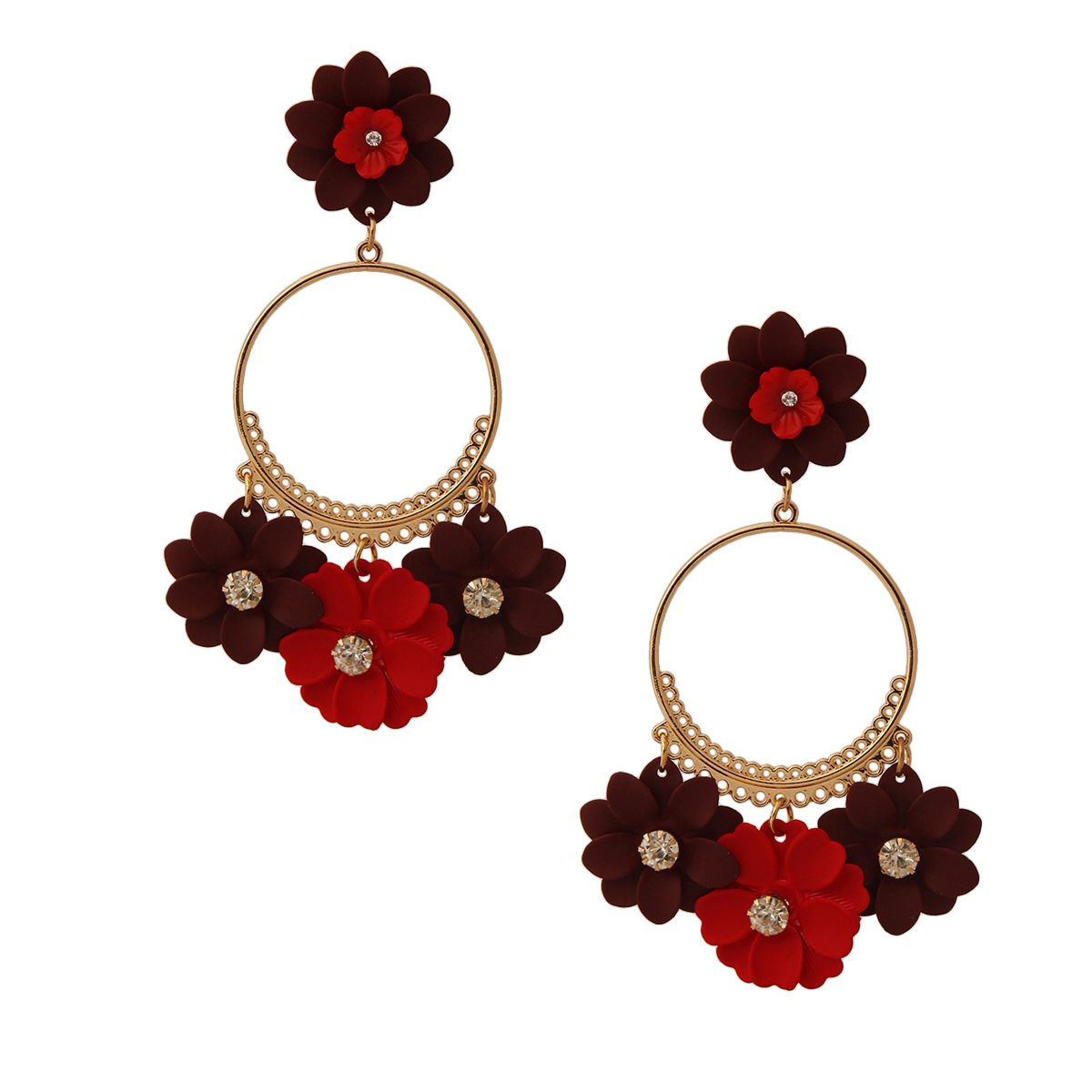 Burgundy Flower Drop Hoop Earrings