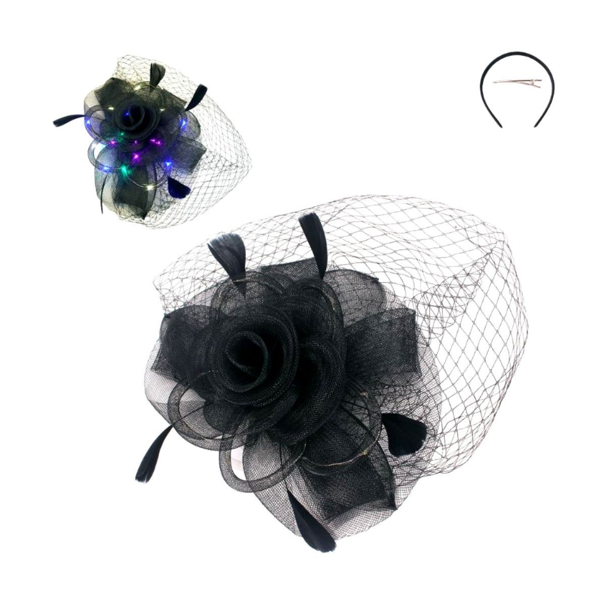 Light up Black Flower and Feather Birdcage Hairpiece Headband