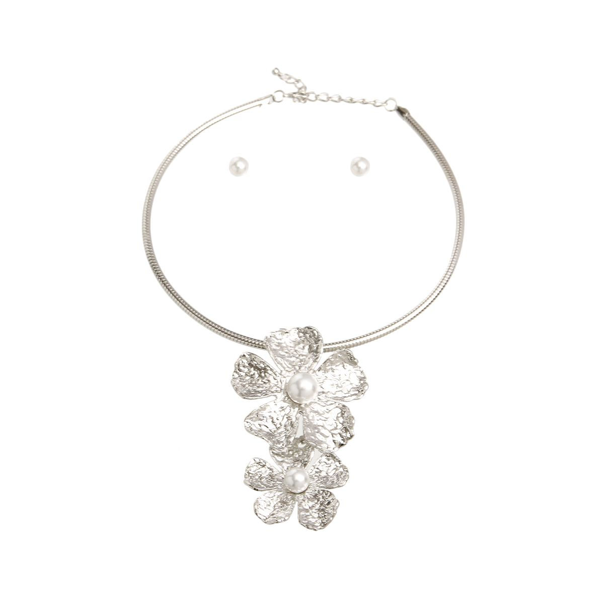 Silver Metal Flower Pearl Set
