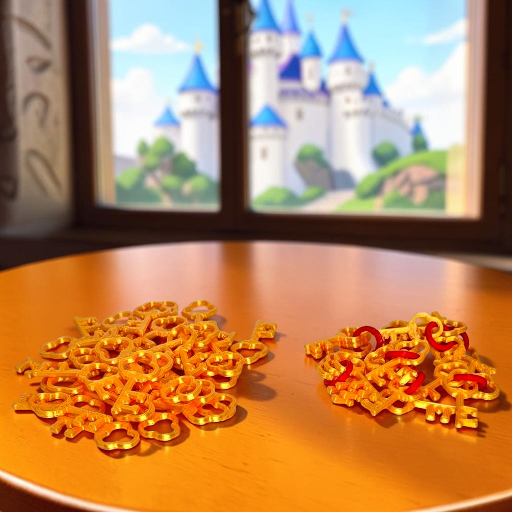 Castle Combo Upgrade 3D Tokens de Chaves douradas sobre mesa de madeira com um castelo ilustrado na janela ao fundo.