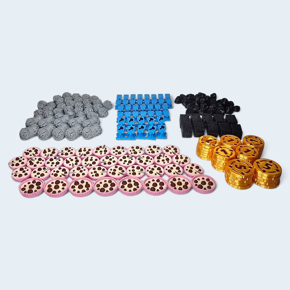 Kit completo de recursos 3D para Tiletum disposto sobre fundo neutro com peças de ouro, comida, lã, ferro e pedra.