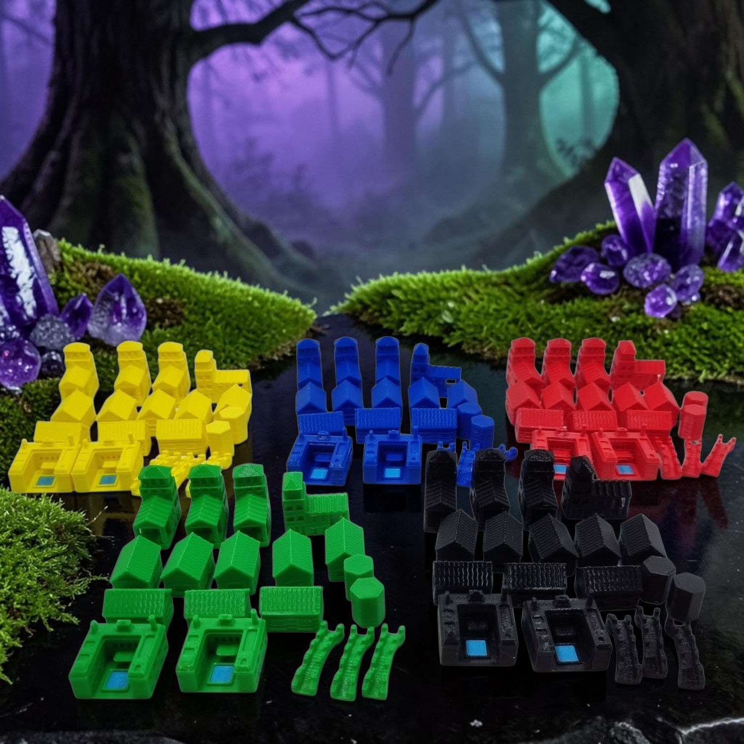 Kit de componentes Terra Nova Upgrade 3D dispostos cenograficamente com fundo florestal místico e cristais roxos iluminados.