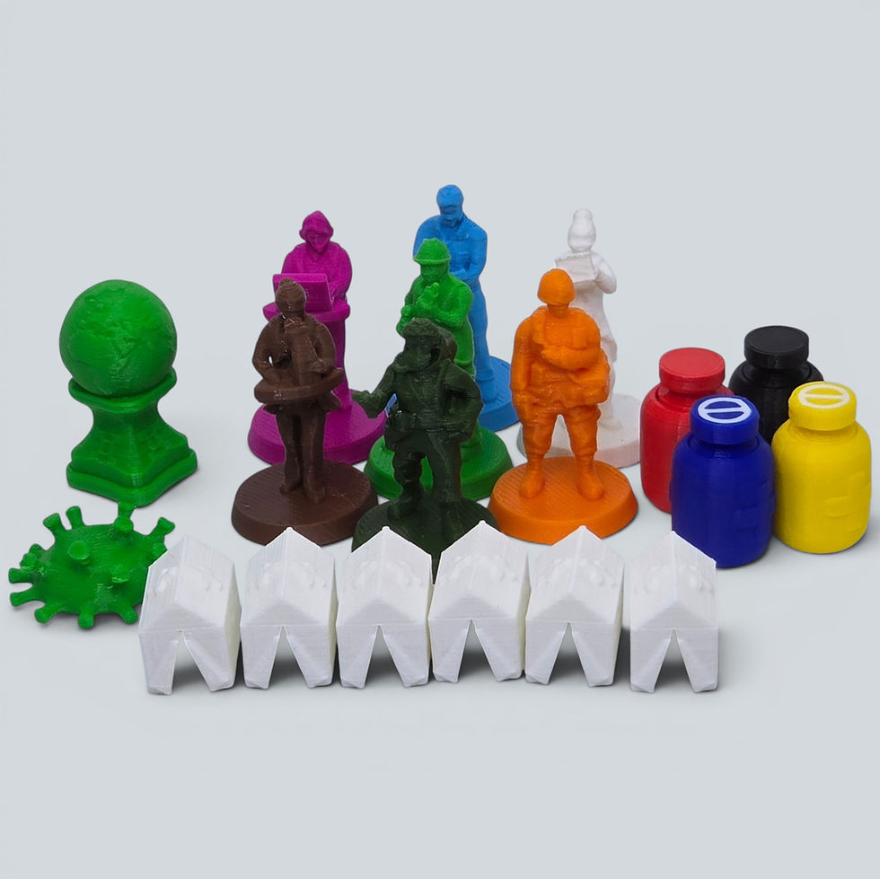 Visão geral de todos os itens do conjunto Pandemic Upgrade 3D exibindo os componentes premium tridimensionais.