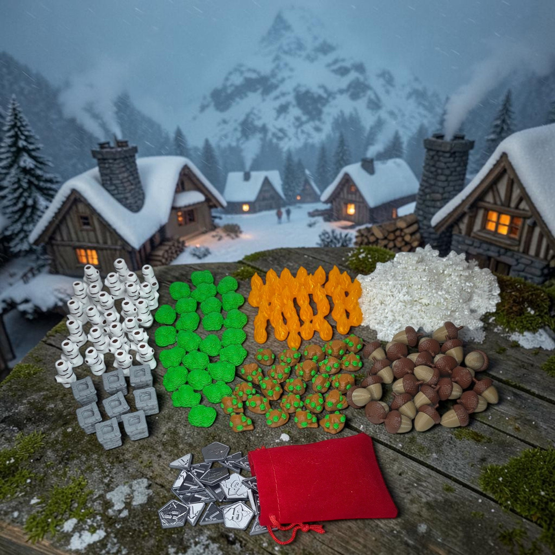 Kit 3D para Everdell Silverfrost em cenário de vila nevada, com recursos, fogo, neve e pontos.