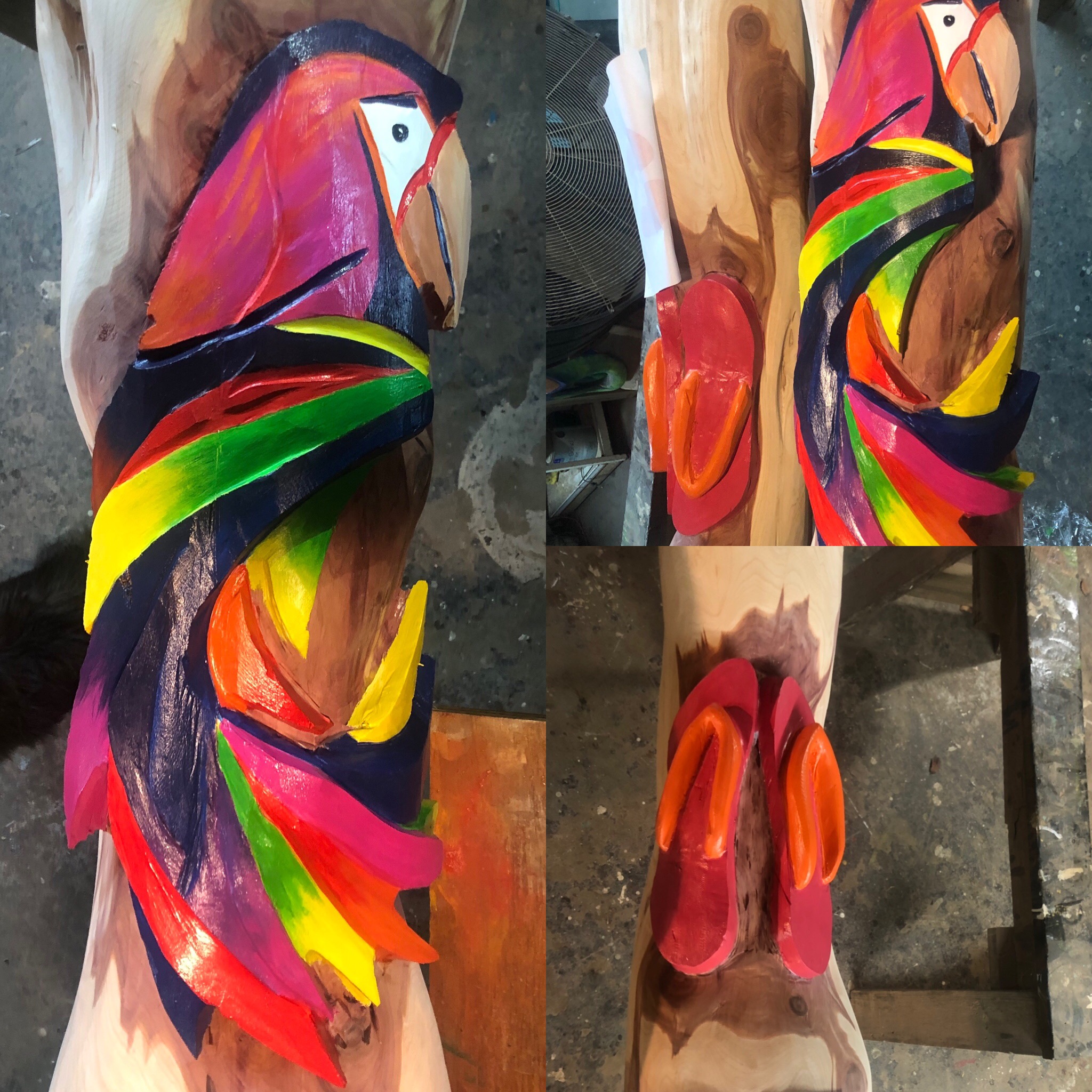 Neon parrot post carving