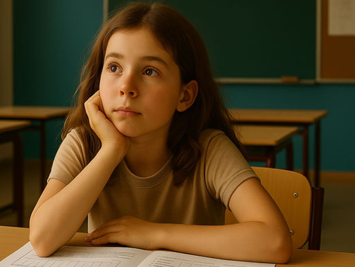 A young girl daydreaming at her desk in a classroom, resting her chin in her hand, illustrating how gifted and neurodivergent students often drift into thought when their minds seek stimulation or meaning