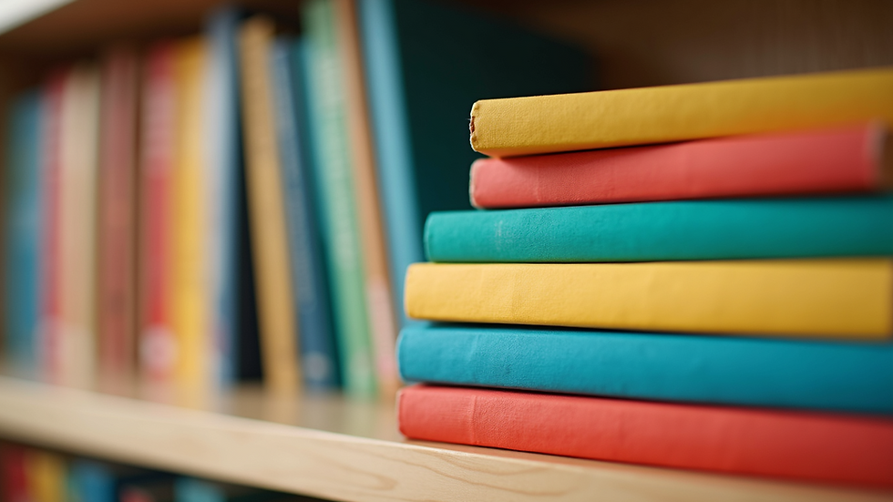 Close-up of colorful children's books neatly stacked on a shelf