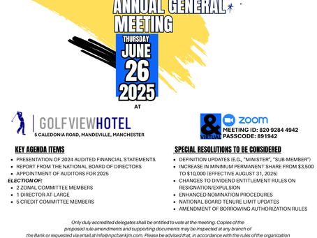 National PC Bank is pleased to announce the staging of its Annual General Meeting (AGM) 2025, a vital opportunity for our members and stakeholders to come together, reflect on our progress, and shape the direction of the organization for the year ahead.