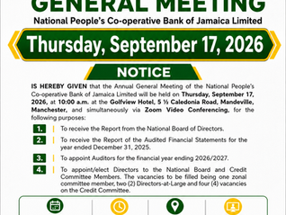 Notice of National Annual General Meeting 2026 National People’s Co-operative Bank of Jamaica Limited