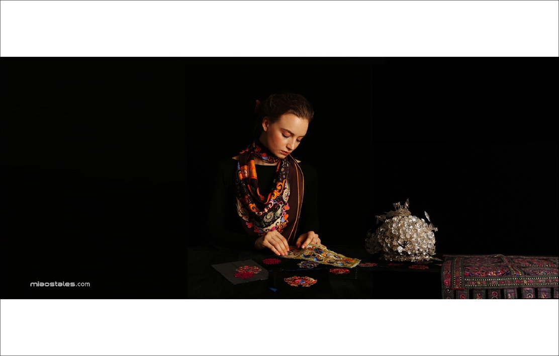 Miao’s Tales silk scarves with historic embroidered textiles