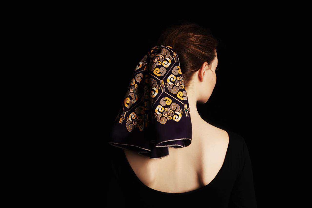 Miao’s Tales silk scarf · Worn across the back