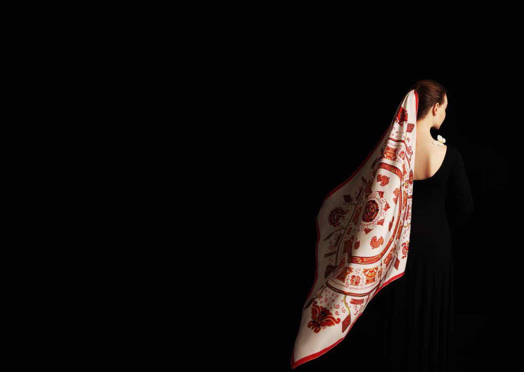 Miao’s Tales silk scarf · Ivory and red