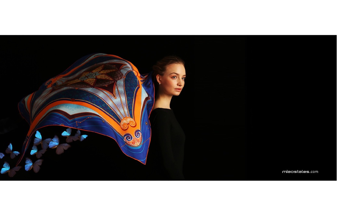 Miao’s Tales silk scarf · Blue silk and butterflies