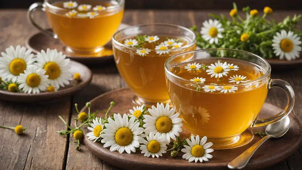 Cups of chamomile tea with flowers