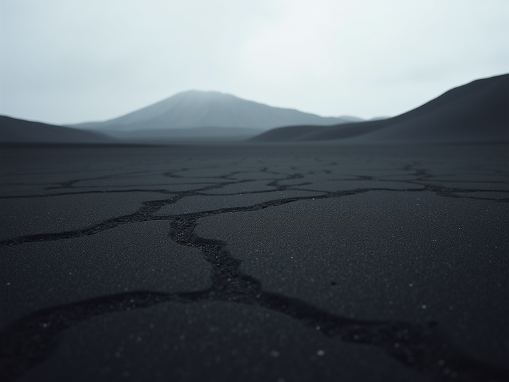 Vast black sand volcanic plains with distant glaciers.