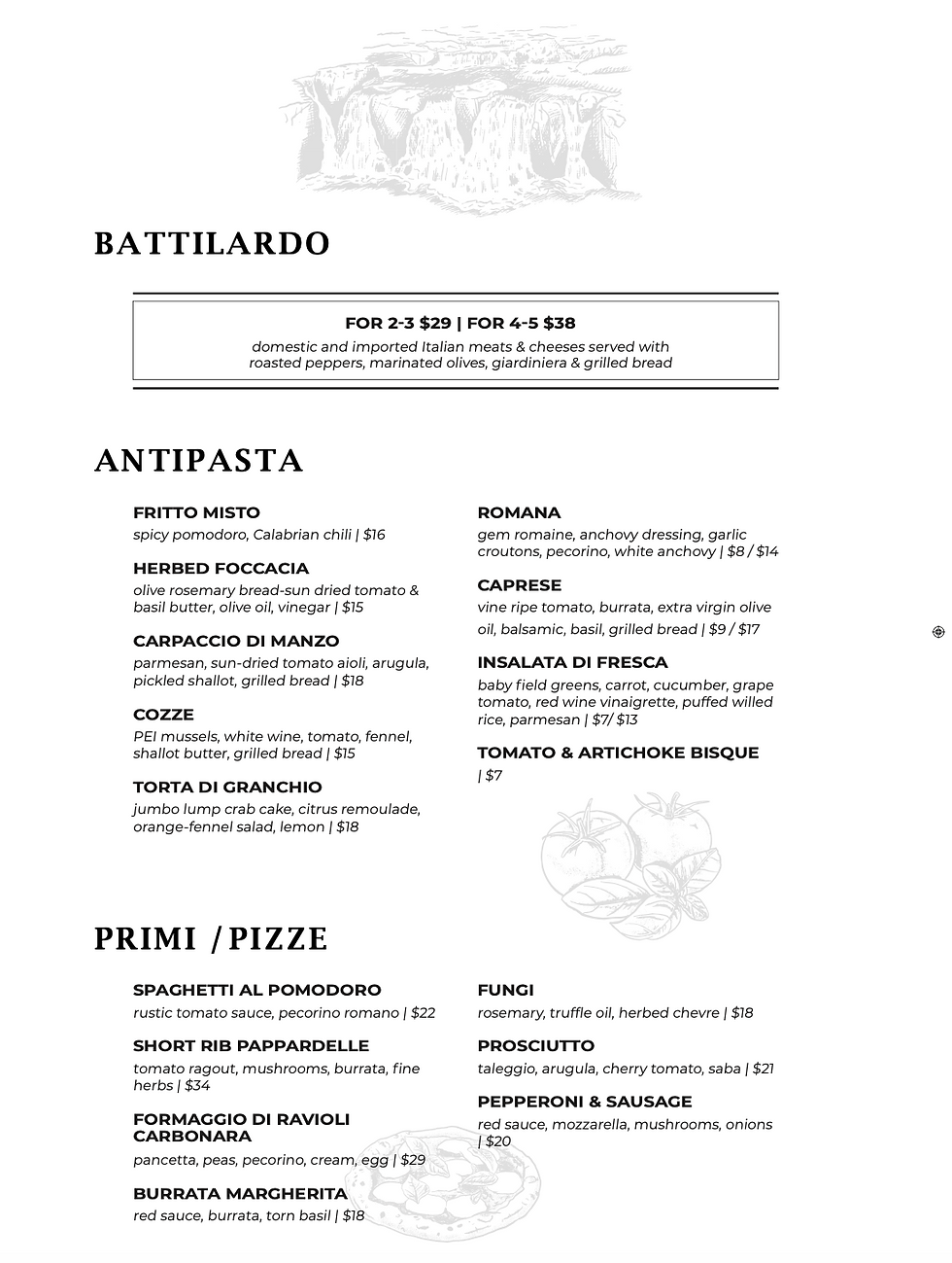 Cascata Italian Cuisine Restaurant menu